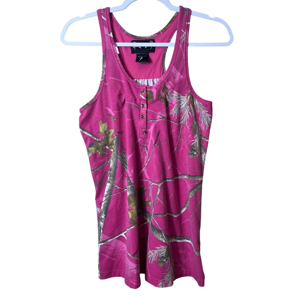 Realtree Pink Camo Henley Tank Top Womens Small Racerback‎ Camouflage Outdoor